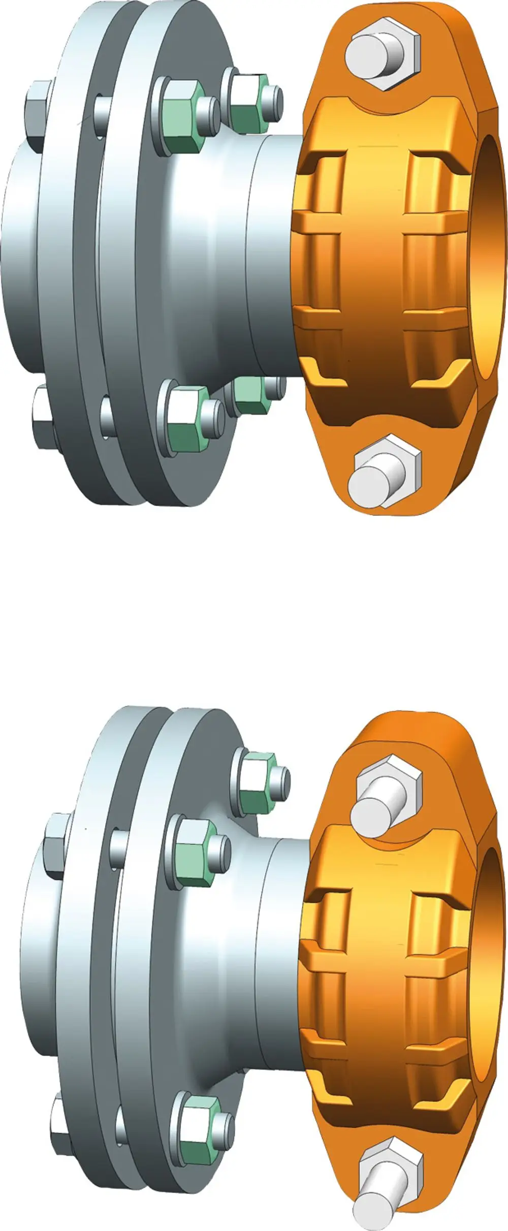 Zwei Flanschverbinder mit unterschiedlichen Designs, einer in grauer und der andere in orangefarbener Ausführung. Beide sind kompatibel mit Bosch-Systemen.